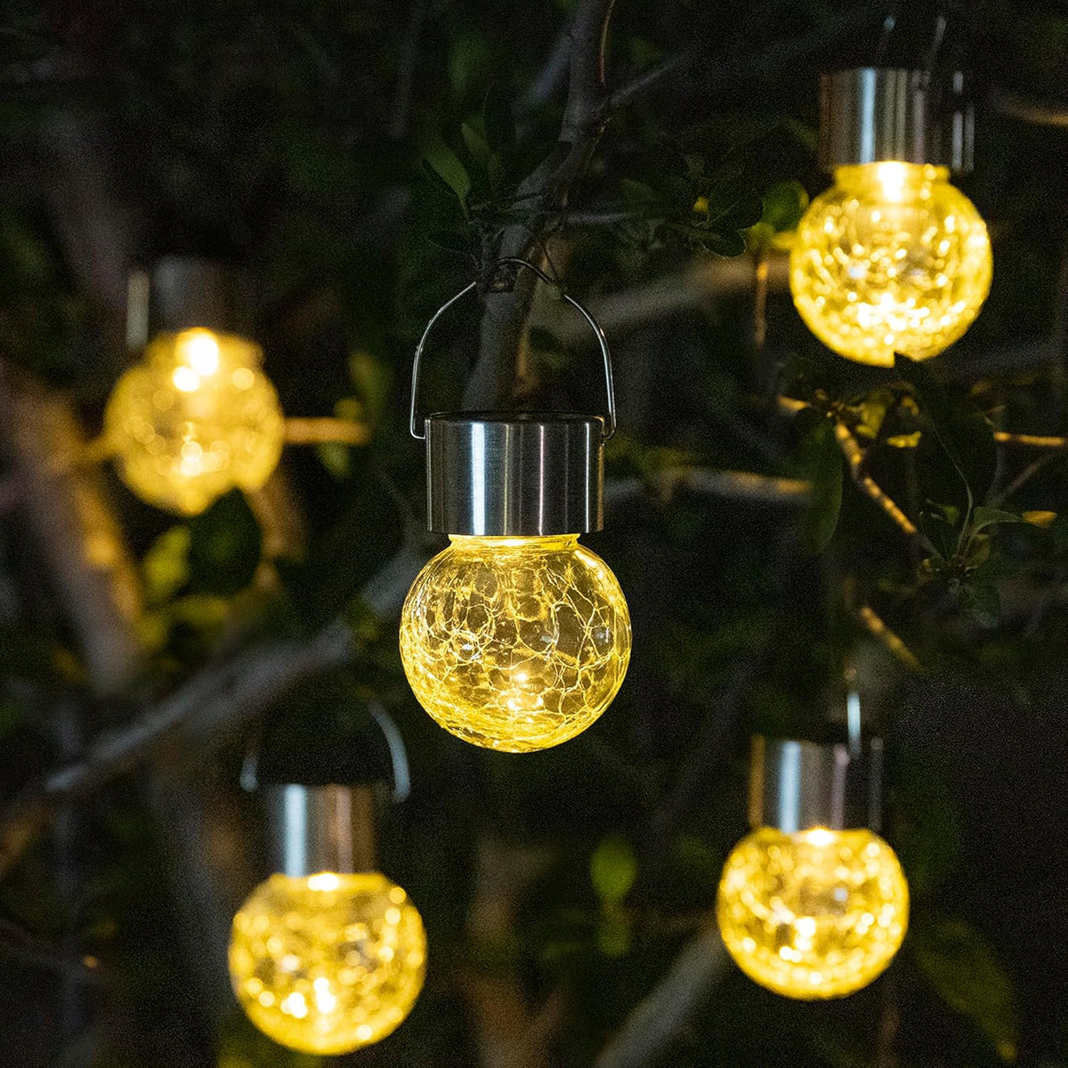 GIGALUMI 8 Pack Solar Outdoor Hanging Lights - Warm White LED, Water Resistant, Glass, Rechargeable Battery