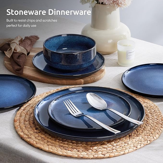 E-far 18-Piece Plates and Bowls Set, Dinnerware Sets for 6, Reactive Glaze Stoneware Dishes Dinning Ware, Microwave & Dishwasher Safe - Deep Sea Blue