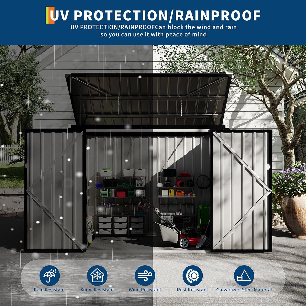 2 Trash Cans Metal Outdoor Storage, 3x6 FT Garbage Bin Storage Shed with Chain Lid, Garbage Can Metal Sheds for Garden, Backyard, Lawn and Patio