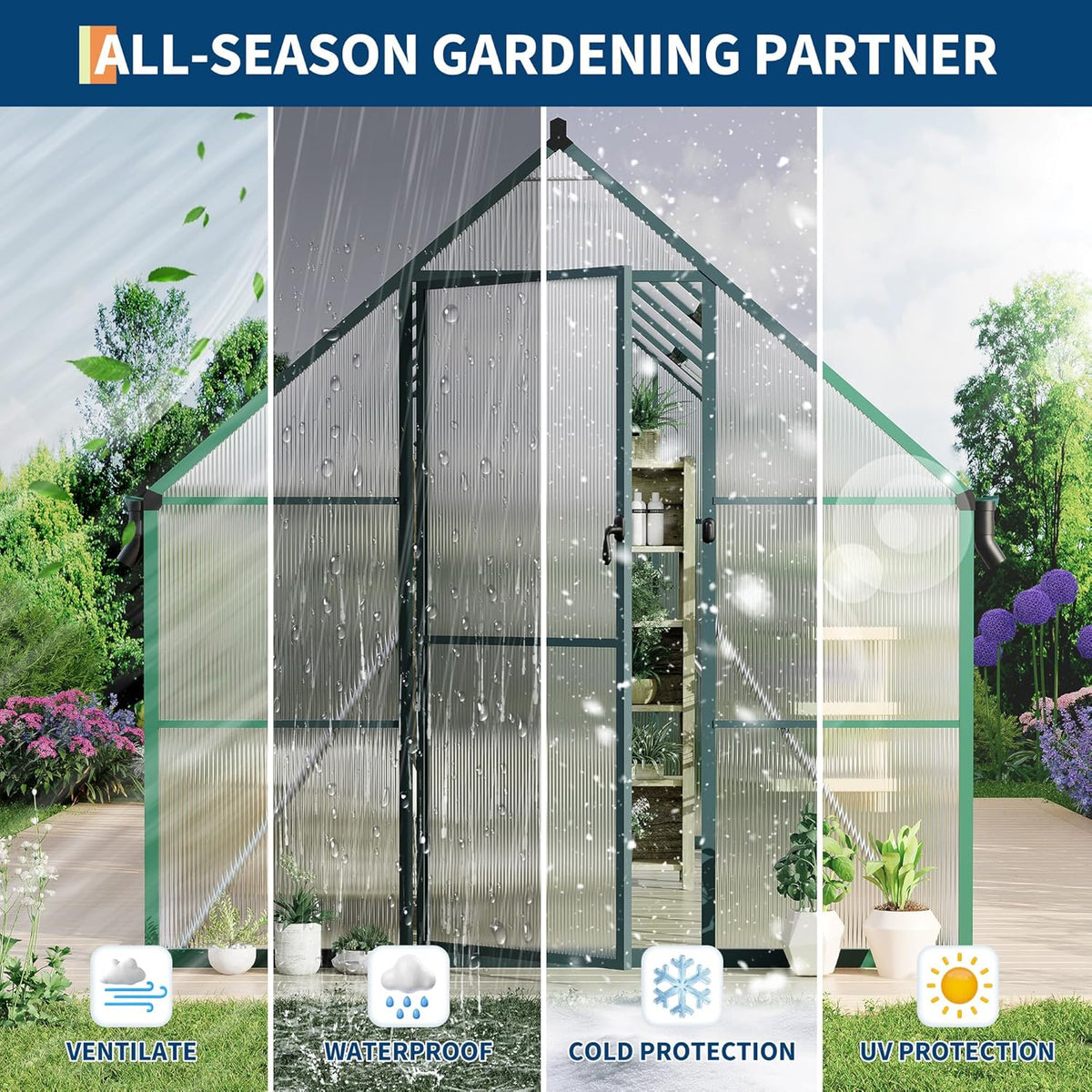 8'X12' Aluminum-Framed Polycarbonate Greenhouse, Heavy Duty Polycarbonate Greenhouse with Quick Setup Structure and Roof Vent, Large Enhanced Aluminum Greenhouses Kit for Outdoors