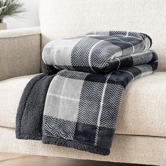 PAVILIA Premium Sherpa Twin Size Blanket | Plaid Design Flannel Fleece Twin Bed Blanket | Plush, Soft, Cozy, Warm, Lightweight Microfiber, Reversible, All Season Use (Plaid Charcoal , 60 x 80 Inches)