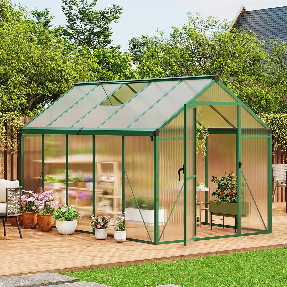 6 x 10 FT Greenhouse, Greenhouses for Outside, Polycarbonate Greenhouse with Aluminum Frame, Lockable Door and Ajustable Roof Vent for Backyard, Green Houses for Outside Garden Backyard, Patio