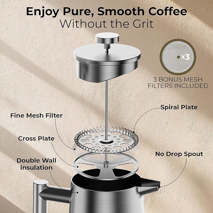French Press Coffee Maker, Stainless Steel French Press, 34 Oz / 1L, Large Insulated Double Wall Coffee Maker with 3 Extra Mesh Filters, Satin Finish, Silver