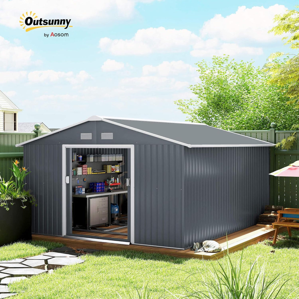 Outsunny 11' x 13' Outdoor Storage Shed, Garden Tool Metal Shed with Foundation Kit, Double Lockable Door, Air Vents and Sloping Roof, for Backyard, Patio, Lawn, Dark Gray