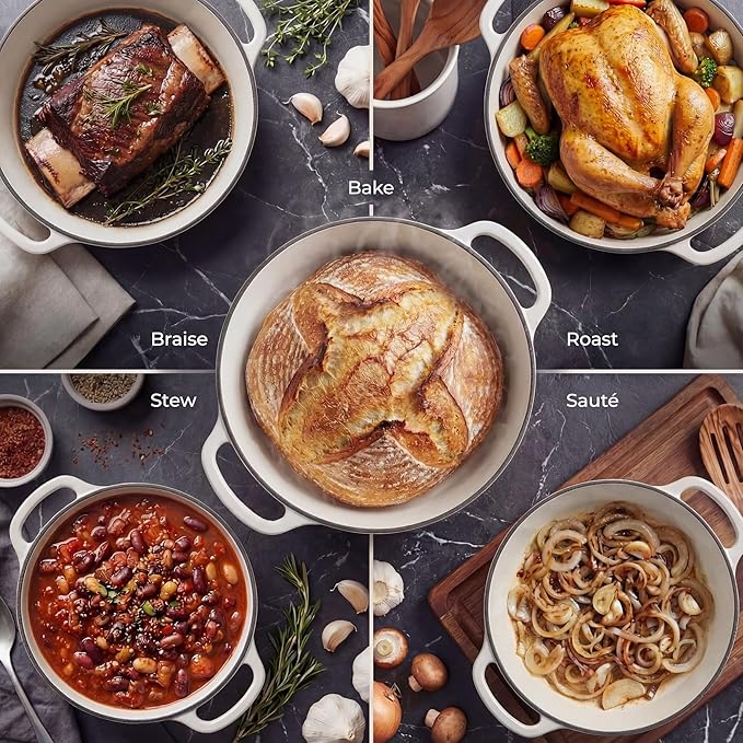 Zulay Kitchen 6 Quart Enameled Cast Iron Dutch Oven Pot with Lid – Premium Durability & Oven Safe up to 500°F – Heavy Duty Cookware Perfect for Bread Baking, Stews, Braising & Roasting - White