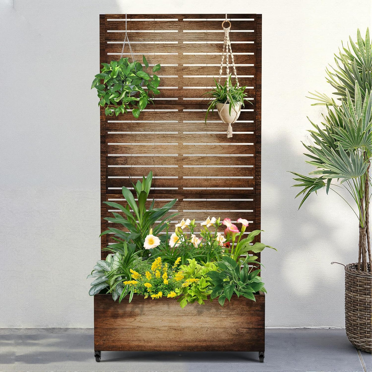 FENCY Metal Raised Garden Bed with Wheels and Trellis,73"x35"x16" Planter Box for Climbing Plants, Vegetables & Vines, Features Privacy Screen and Drainage Holes (Vintage Wood Color)