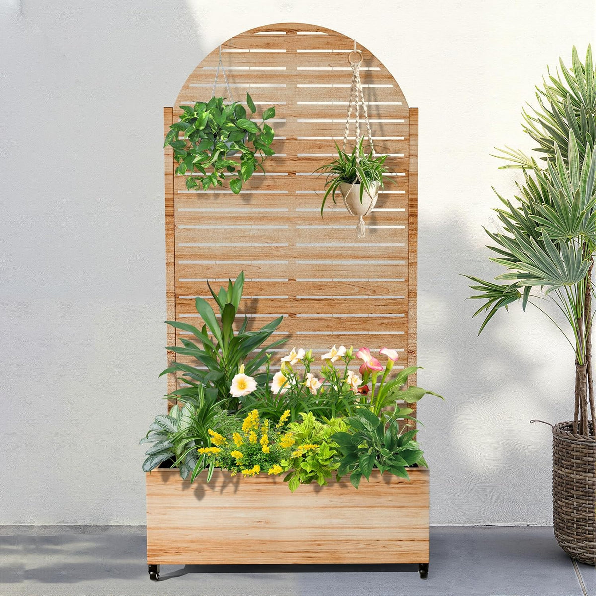 FENCY Metal Raised Garden Bed with Wheels and Trellis,Arched 73"x35"x16" Planter Box for Climbing Plants, Vegetables & Vines, Features Privacy Screen and Drainage Holes (Acacia Wood Finish)