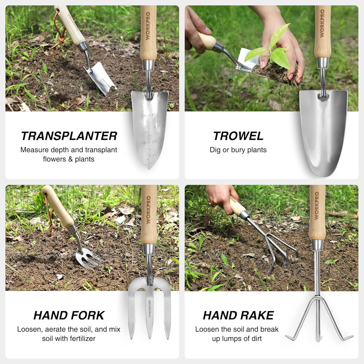 WORKPRO 8-Piece Pink Garden Tool Set, Stainless Steel Gardening Tools with Wood Handle, Including Garden Tote, Gloves, Trowel, Hand Weeder, Cultivator and More, Gardening Gifts For Women - Pink Ribbon