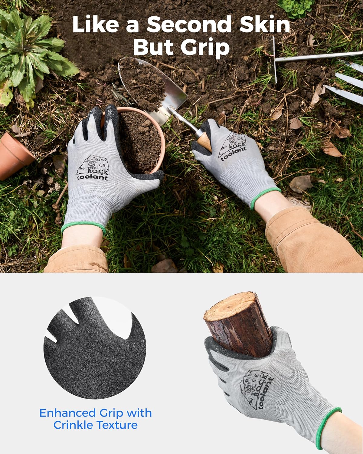 toolant Crinkle Latex Work Gloves Bulk, Rubber Coated Safety Work Gloves for Men and Women, 12 Pairs for Construction, Gardening, Warehouse (Gray, Large)