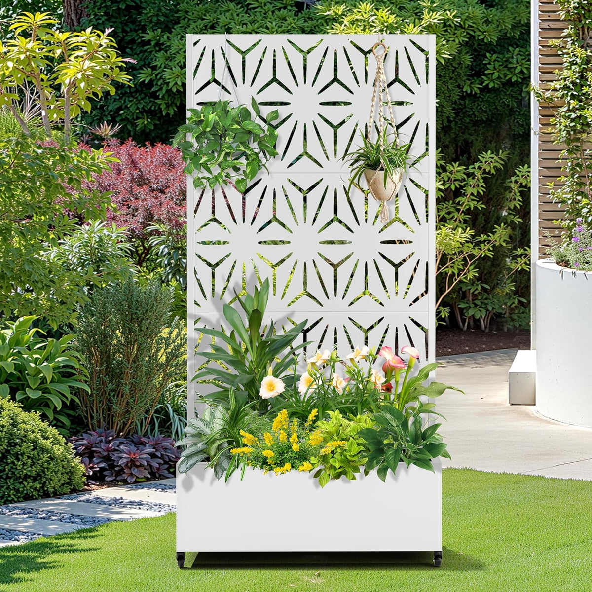 FENCY Metal Raised Garden Bed with Wheels and Trellis,73"x35"x16" Planter Box for Climbing Plants, Vegetables & Vines, Features Privacy Screen and Drainage Holes (White-Star)