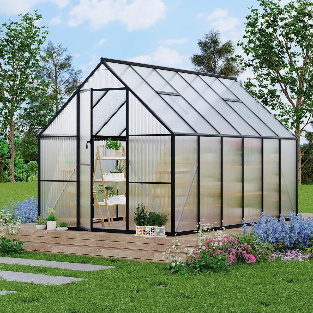8'x12' Aluminum-Framed Polycarbonate Greenhouse, Heavy Duty Polycarbonate Greenhouse with Quick Setup Structure and Roof Vent, Large Enhanced Aluminum GreenhouseKit for Outdoors