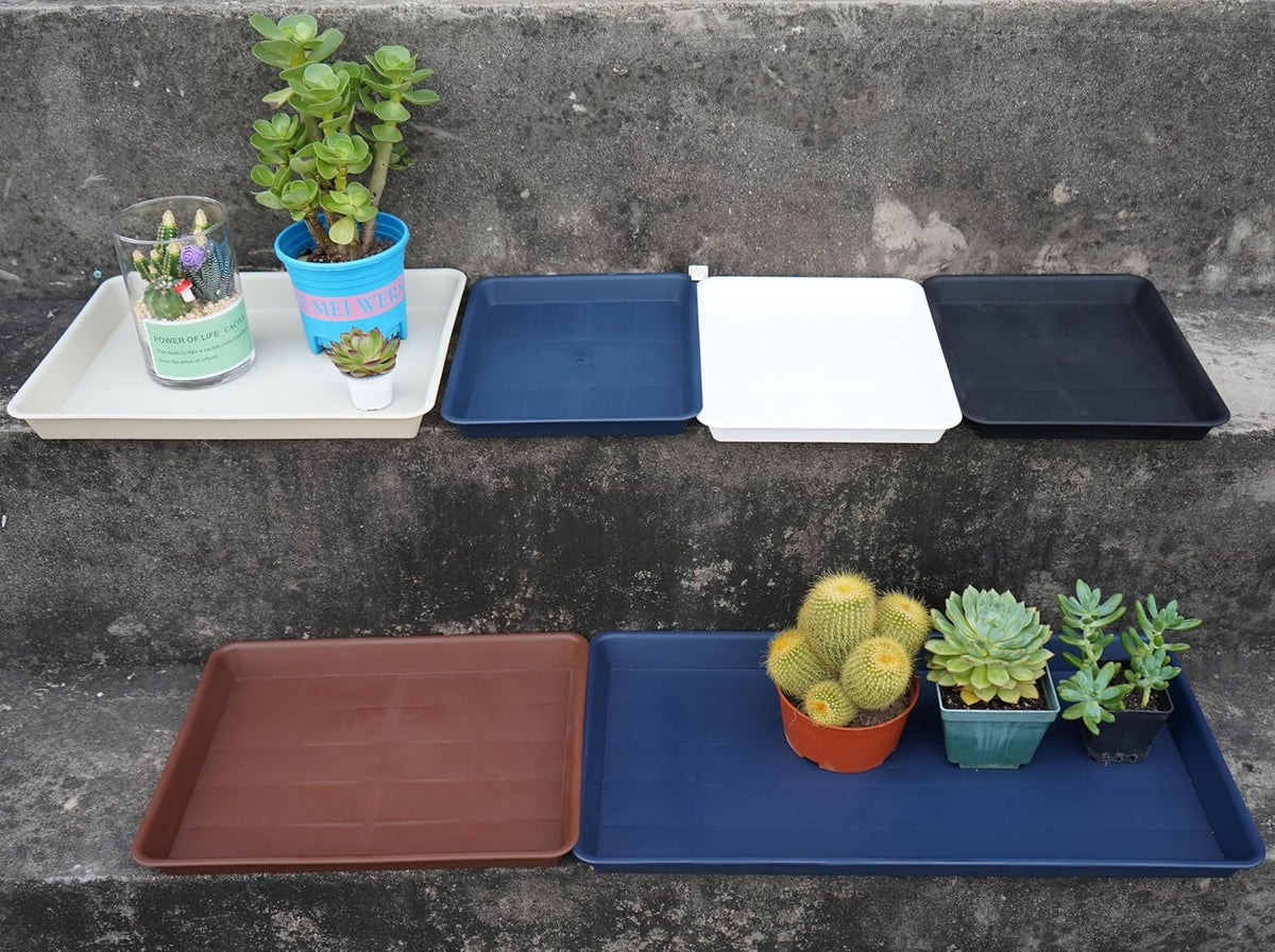 4 Pack Plant Saucer Tray Rectangular, Plant Saucers for Indoors, Heavy Sturdy Plastic Plant Drainage Trays, Plant Drip Trays for Pots, Seed Starter Growing Tray (11 x 9 inch, Chocolate)