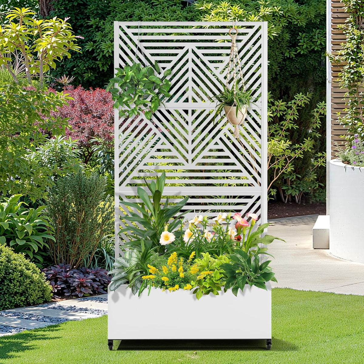 FENCY Metal Raised Garden Bed with Wheels and Trellis,73"x35"x16" Planter Box for Climbing Plants, Vegetables & Vines, Features Privacy Screen and Drainage Holes (White-Modern)