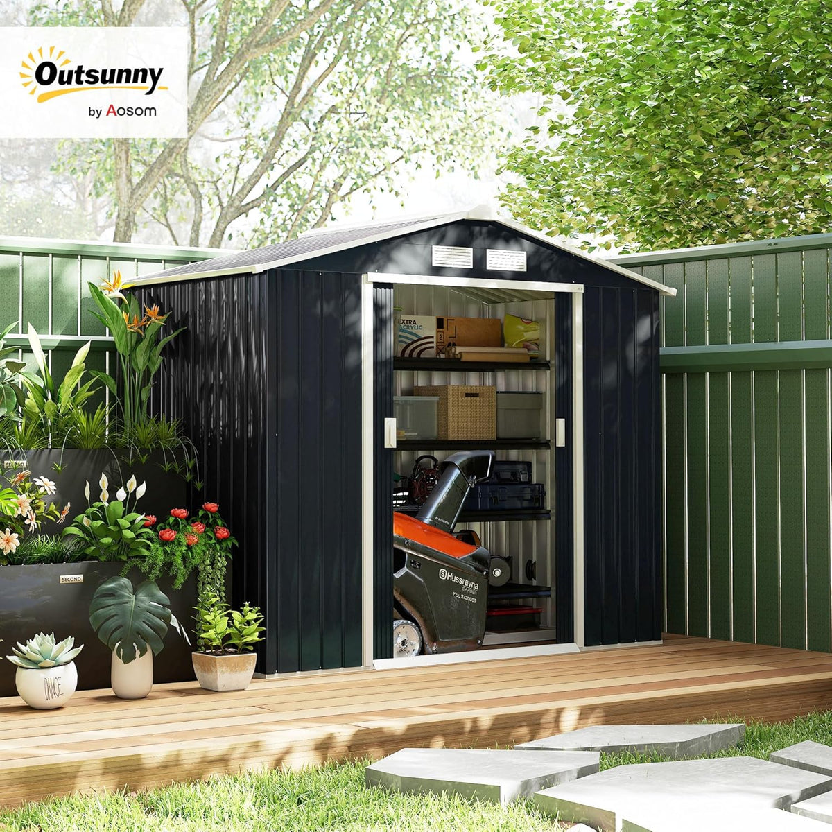 Outsunny 7' x 4' Outdoor Storage Shed, Garden Tool Metal Shed with Foundation Kit, Double Lockable Door, Air Vents and Sloping Roof, for Backyard, Patio, Lawn, Dark Gray