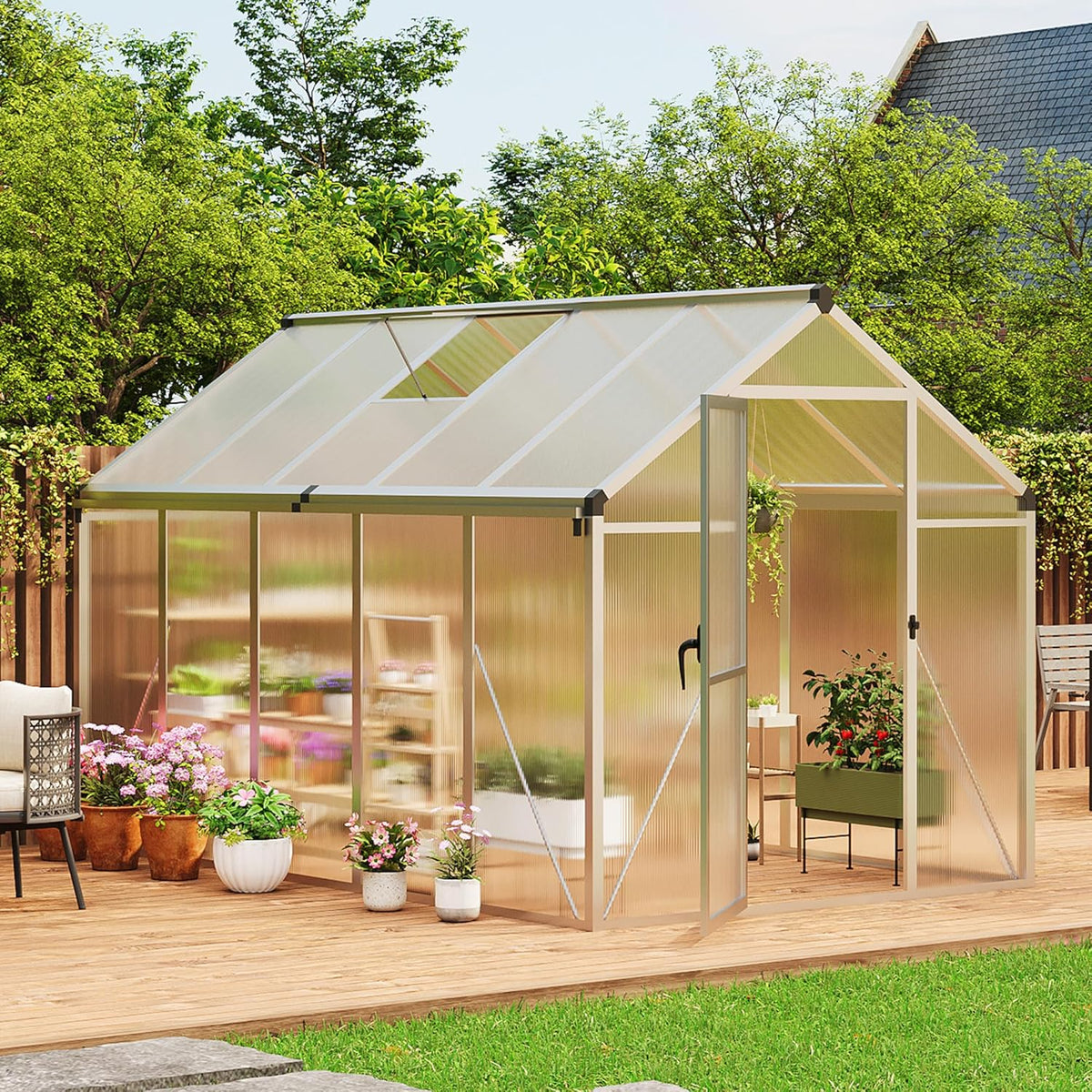 6x10 FT Greenhouse, Easy Assembly Aluminum Polycarbonate Greenhouses for Outdoors with Roof Vent and Ground Nails, Heavy Duty Aluminum Walk-in Greenhouse for Backyard, Sliding Lockable Door, Silver