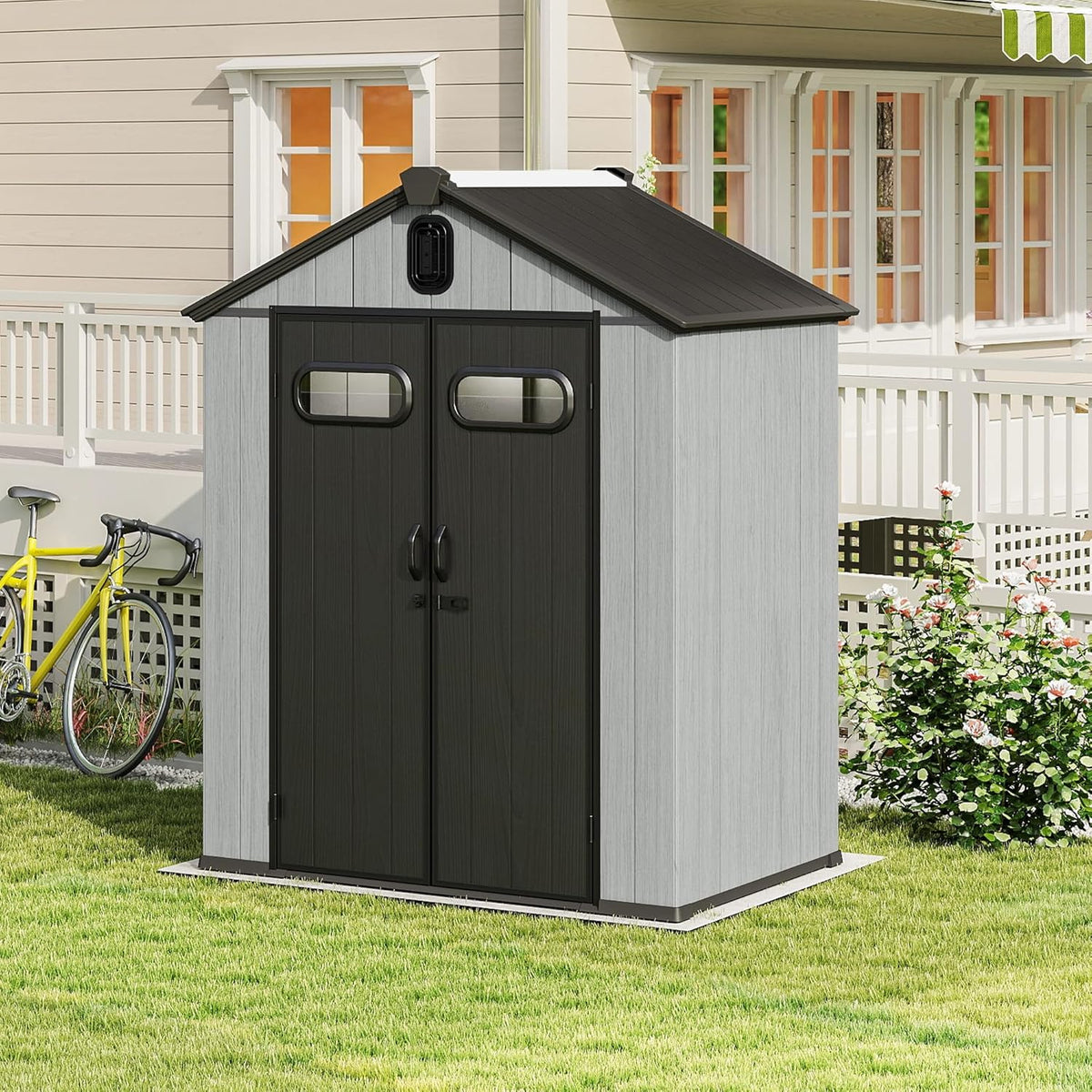 Domi 6x4FT Outdoor Resin Storage Shed with Transparent Windows & Louvered Vents, Plastic Tool Shed with Double Lockable Doors & Gable Roof, Outside Garden Shed for Backyard, Patio, Lawn, Grey