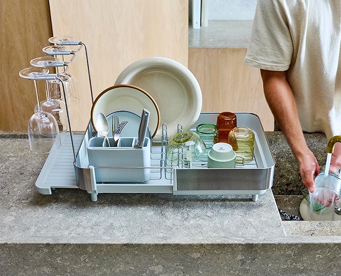 Joseph Joseph Extend Steel Plus Extendable Dish Rack Steel, Small to Large Dish Drainer with Wine Glass Holder & Drain Spout