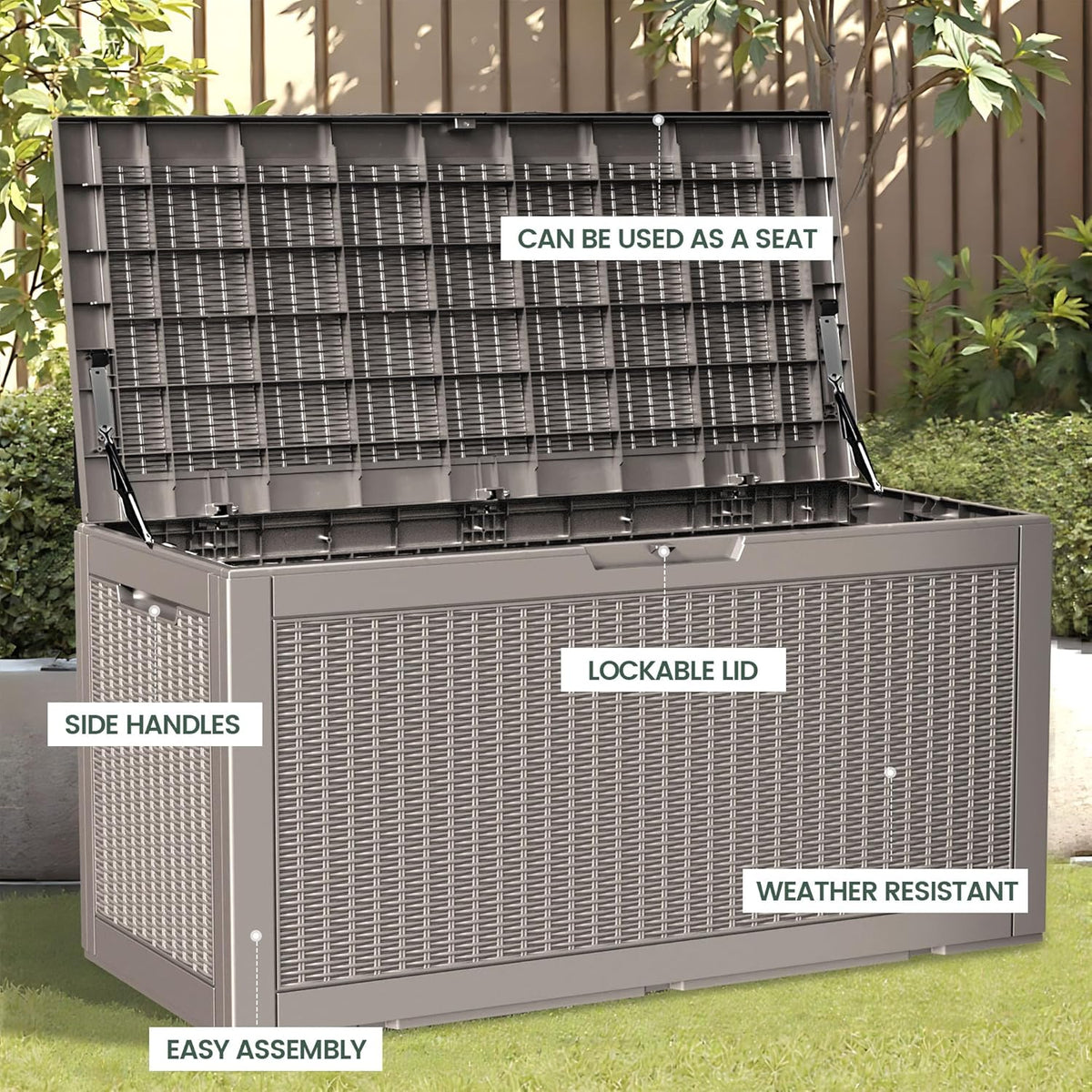 100 Gallon Storage Box, Waterproof Resin Deck Box with Hydraulic Piston Design, Lockable Storage Bench for Package Delivery, Storage Bin for Patio Cushions, Garden Tools, Grey