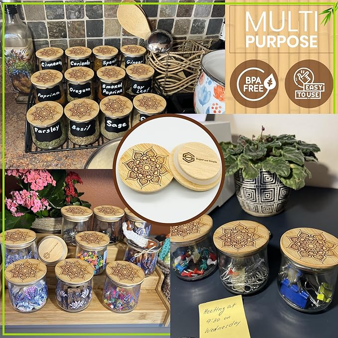 Oui Yogurt Jar Lids Bamboo Mandala – 24-Pack Airtight Bamboo Lids for Oui Glass Jars – Fits Regular & Petite Yogurt Jars – Reusable Jar Tops with Labels & Storage Bag