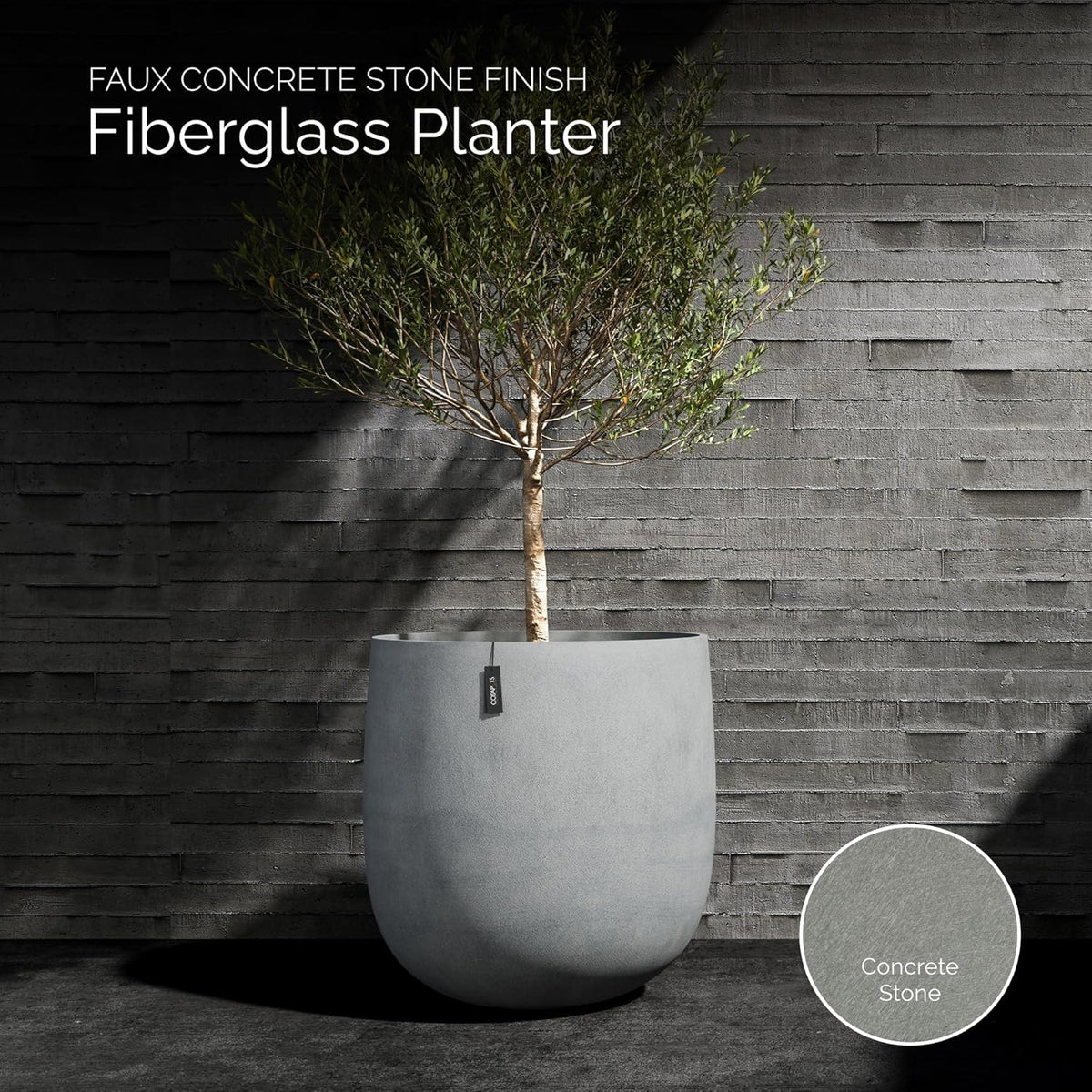 Mondo Large Planter – Concrete Stone Finish – Fiberglass Indoor/Outdoor and Weather-Resistant Round Planter (33" D x 31.3" H Exterior, 31.5" D x 30.7" H Interior)