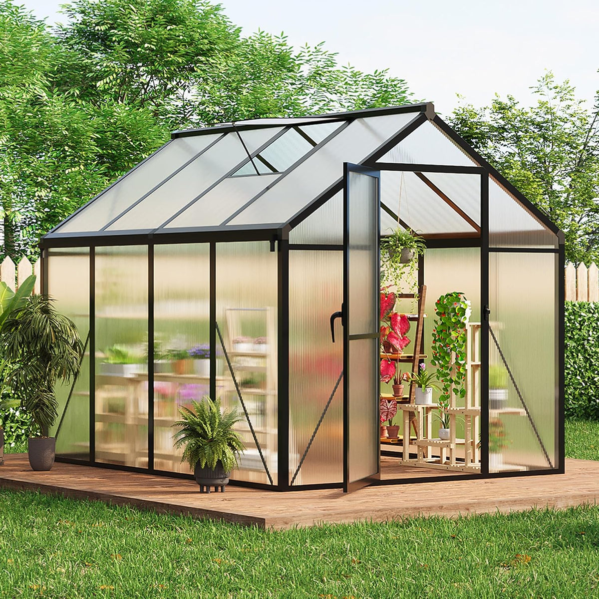 6x8 FT Greenhouse, Easy Assembly Aluminum Polycarbonate Greenhouses for Outdoors with Roof Vent and Ground Nails, Heavy Duty Aluminum Walk-in Greenhouse for Backyard, Sliding Lockable Door, Black