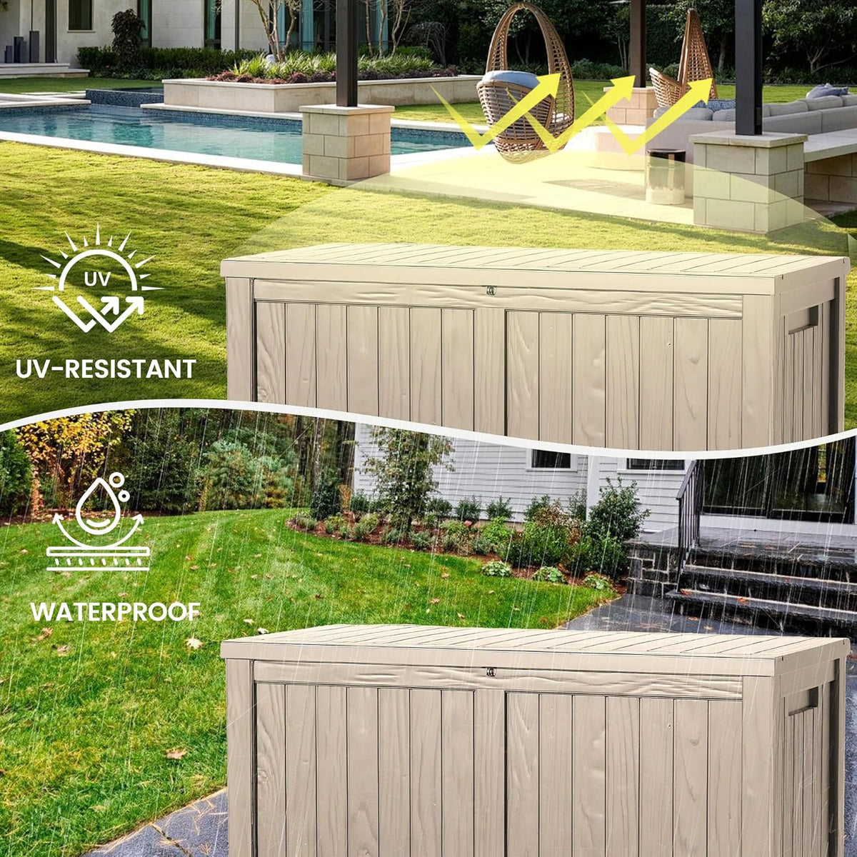 120 Outdoor Storage Box, Waterproof Resin Deck Box for Indoor & Outdoor Use, Lockable Storage Bench with Piston Hinge, Storage Bin for Patio Cushions, Garden Tools, Package Delivery, Grey