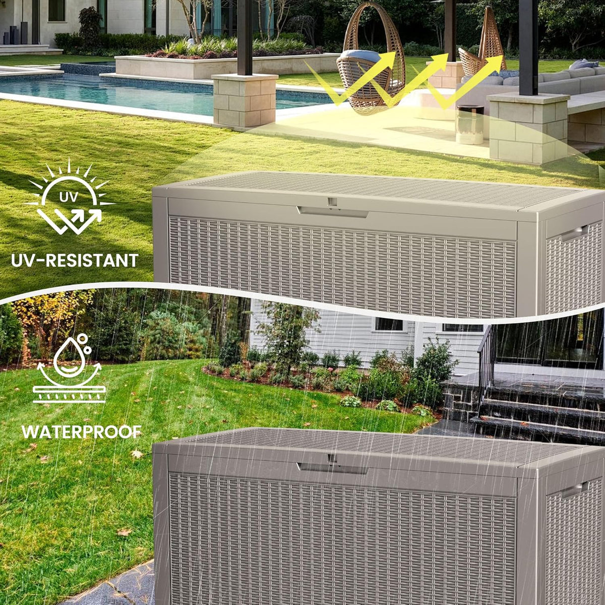 100 Gallon Storage Box, Waterproof Resin Deck Box with Hydraulic Piston Design, Lockable Storage Bench for Package Delivery, Storage Bin for Patio Cushions, Garden Tools, Grey