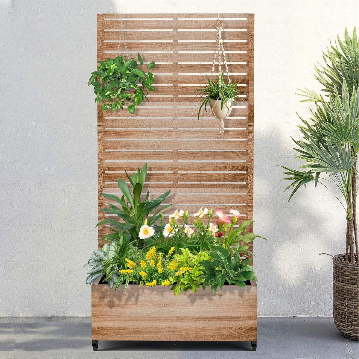 FENCY Metal Raised Garden Bed with Wheels and Trellis,73"x35"x16" Planter Box for Climbing Plants, Vegetables & Vines, Features Privacy Screen and Drainage Holes (Natural Wood Color)