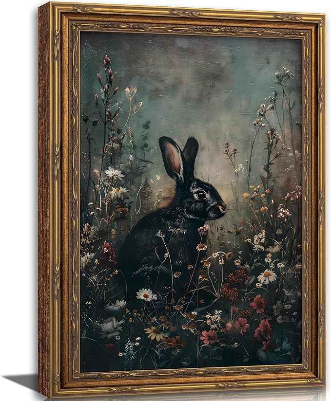 Vintage Gold Framed Bunny Wall Art Dark Moody Botanical Cottagecore Rabbit Painting Canvas Prints Dark Academia Floral Poster Gothic Black Animal Picture Artwork for Bedroom Living Room Decoation