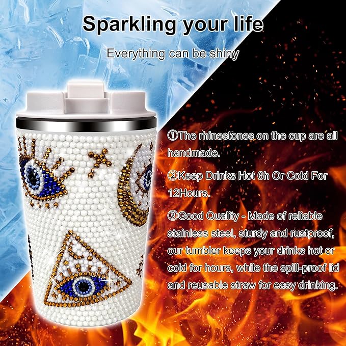 380ml Stainless Steel Sparkle Rhinestone Decorate Evil Eyes Tumbler,White Diamond Decorate Evil Eyes Students'/Auto Mug(White)