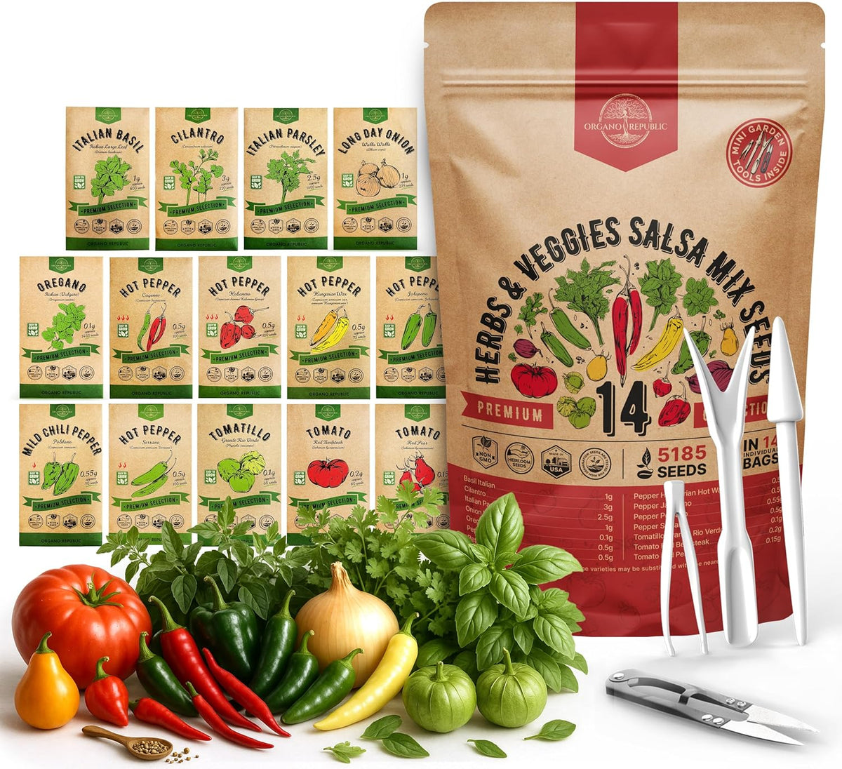 Organo Republic 14 Herbs & Veggies Salsa Mix Seeds Variety Pack - 5,180+ Non GMO Heirloom Herb, Tomato & Chili Pepper Seeds for Planting Outdoor & Indoor Home Gardening: Basil, Cilantro Onion, Peppers
