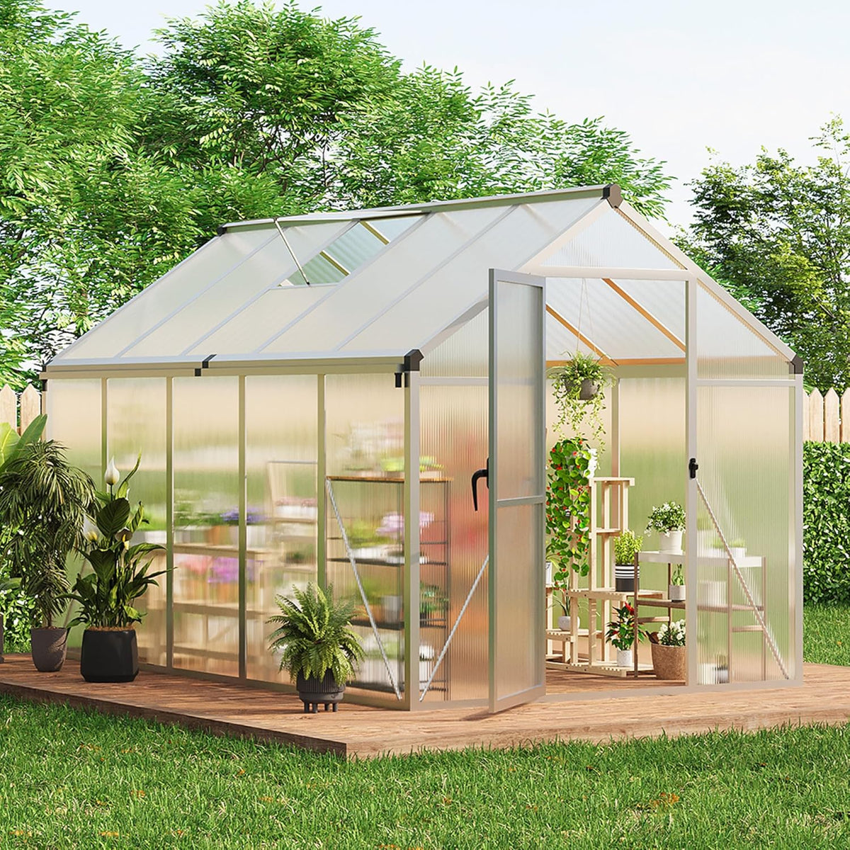 6x10 FT Greenhouse, Easy Assembly Aluminum Polycarbonate Greenhouses for Outdoors with Roof Vent and Ground Nails, Heavy Duty Aluminum Walk-in Greenhouse for Backyard, Sliding Lockable Door, Silver