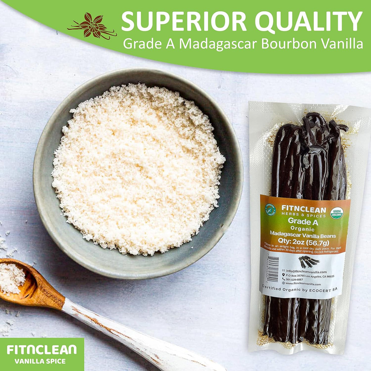 2oz Madagascar Organic Vanilla Beans Gourmet Grade A. Certified USDA Organic 6"-8" by FITNCLEAN VANILLA Bourbon Fresh for Extract, Essence, Brewing, Baking NON-GMO Whole Pods
