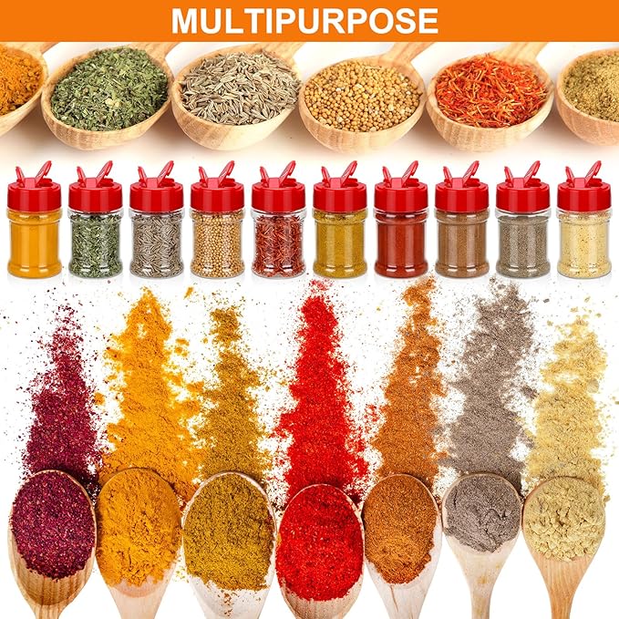 100 Pcs Plastic Spice Jars with 2 Sides Flip Cap Clear 2 Oz Seasoning Containers Empty Spice Bottles Small Seasoning Jars with Shaker Lid for Kitchen Storage Herbs and Powders(Red Cap)