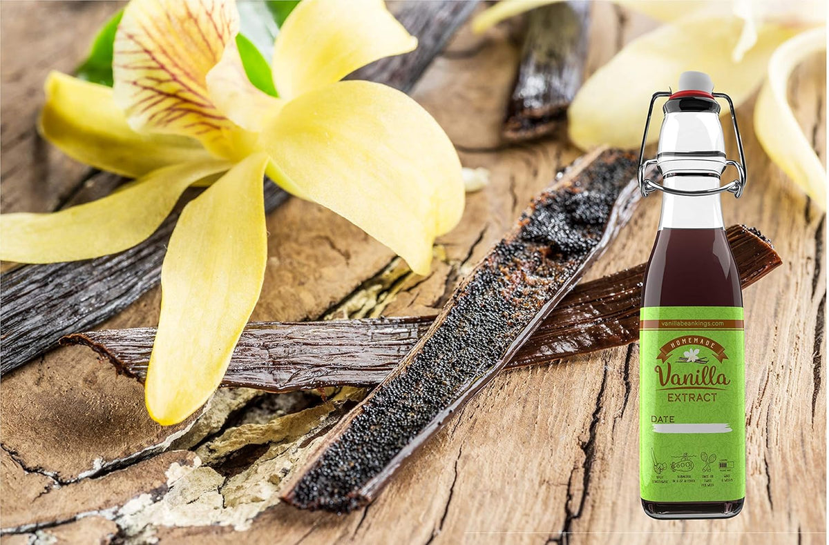 Homemade Vanilla Extract Kit | DIY | 1 Ounce of Premium Organic Madagascar Grade A Vanilla Beans 6-7 inches (Appoximately 8-10 Beans) with 8.5 oz Swing Top Glass Bottle