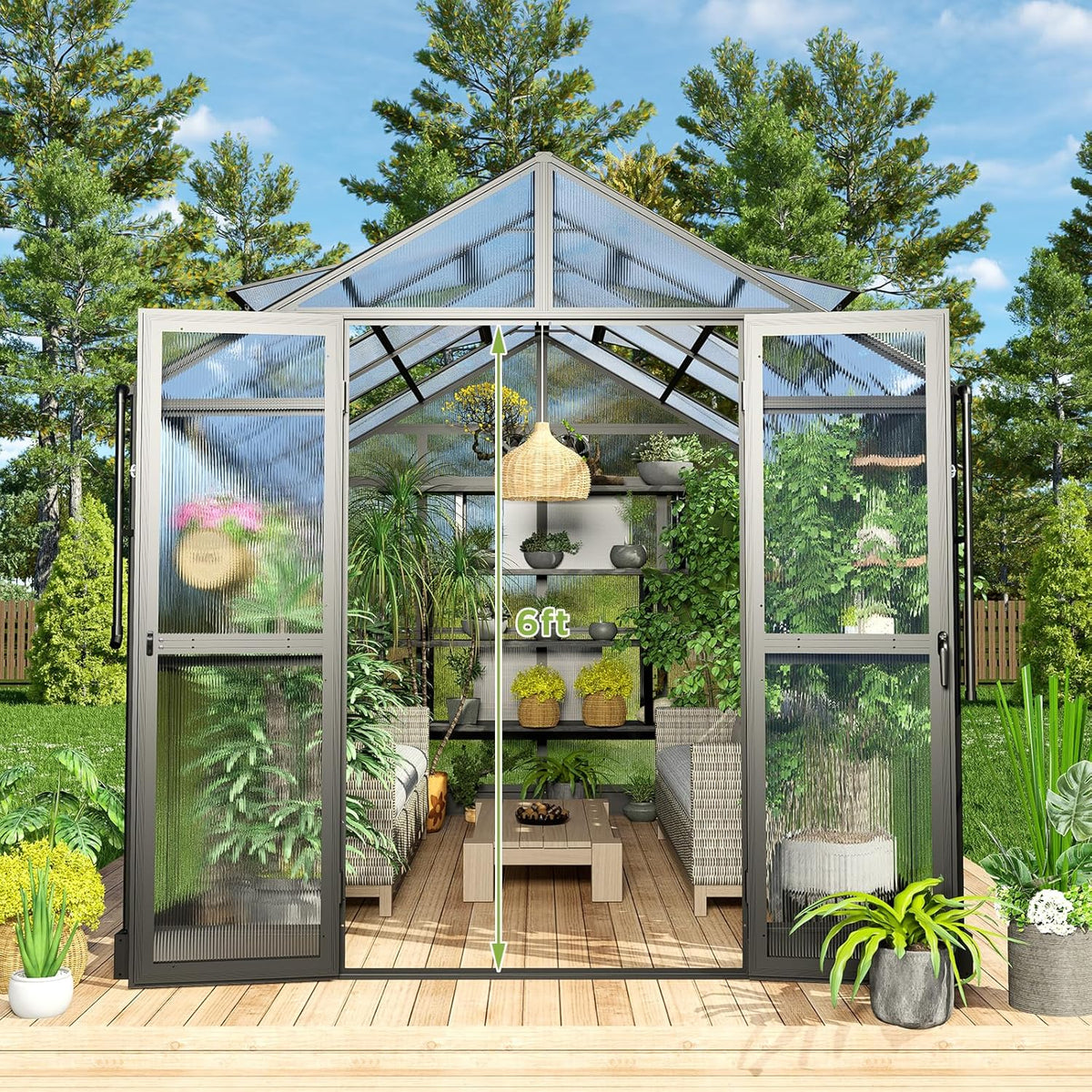 HOWE 8x12x7.5 FT Polycarbonate Greenhouse Double Swing Doors 4 Vents 5.2FT Added Wall Height, Walk-in Large Aluminum Greenhouse Sunroom Winter Greenhouse for Outdoors, Black