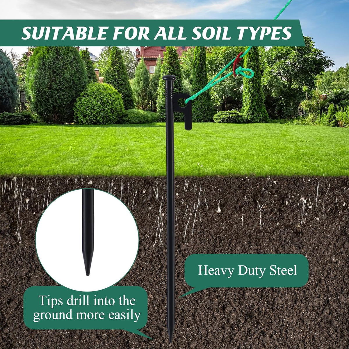 Suzile 180 Pcs Tree Stake Kit, Heavy Duty Tree Staking and Supports for Leaning Trees Include 11. 8'' Steel Stakes 15. 8'' Support Straps 13. 12 ft Ropes for Anchoring Hurricane Protection (Green)
