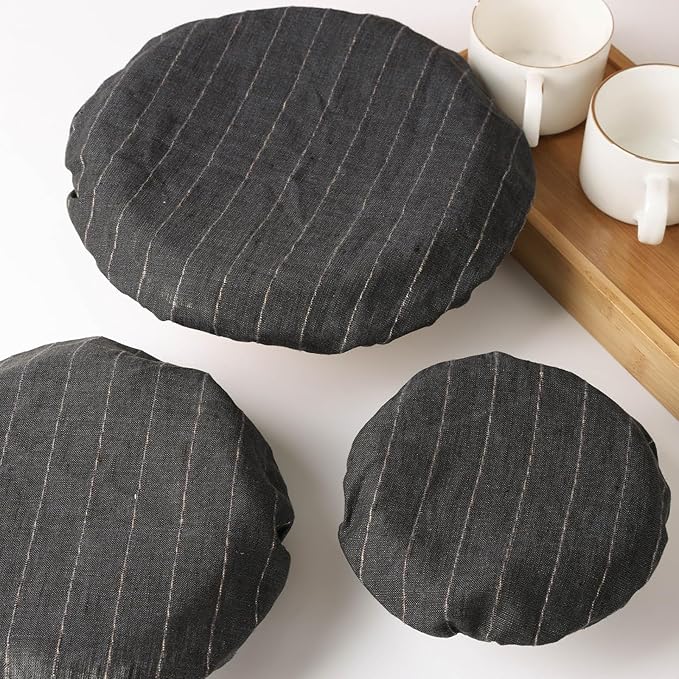 100% Linen Stripe Bowl Covers Reusable For Bread Proofing, 4 Pcs Elastic Cloth Fabric Bowl Covers, 5.9*7.9*9.8*11.8 Inches, Black