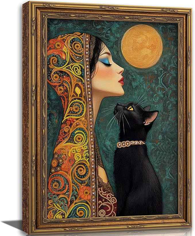Vintage Gold Framed Boho Wall Art Moonlit Elegant Woman and Black Cat Painting Canvas Prints Gothic Dark Academia Moon Poster Bohemian Mystical Picture Artwork for Bedroom Living Room Home Décor