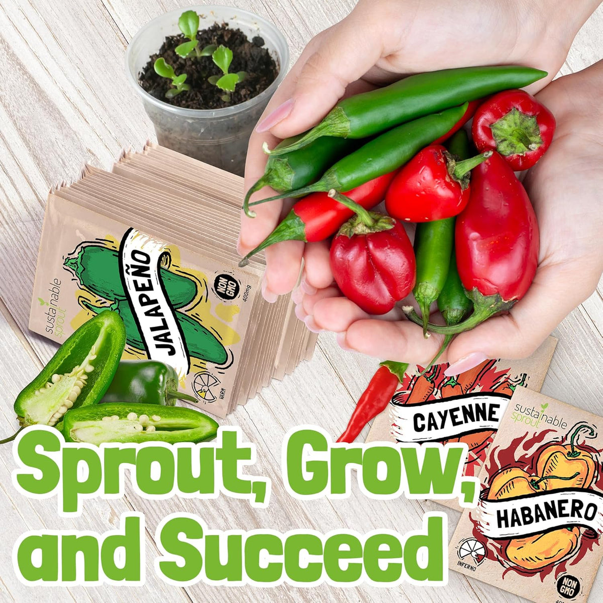 Hot Pepper Seeds for Planting - 7 Heirloom Chili Pepper Seeds Variety Packets Garden Seeds for Planting Cayenne Anaheim Hungarian Wax Pepper Habanero Serrano Poblano, & Jalapeno by Sustainable Sprout