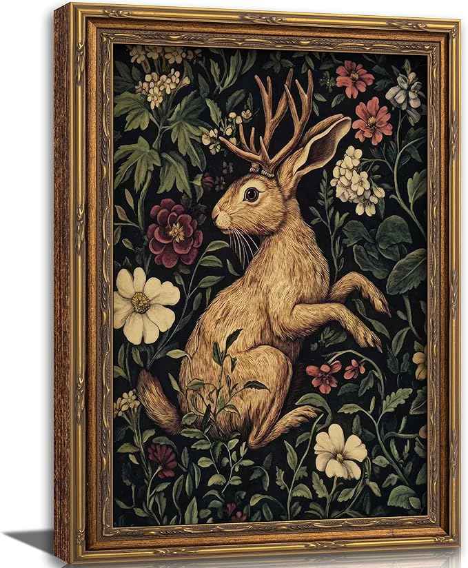 Vintage Gold Framed Bunny Wall Art Dark Botanical Cottagecore Mythical Folklore Art Painting Canvas Prints Dark Academia Floral Poster Gothic Hare Picture Artwork for Bedroom Living Room Home Decor