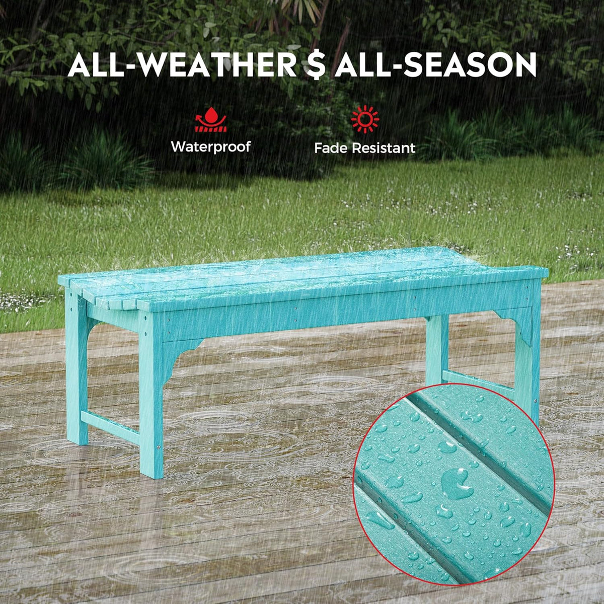 Outdoor Benches Weatherproof, All Weather Resistant Park Bench Poly Lumber Backless Garden Bench Seat for Entryway Front Porch, Turquoise