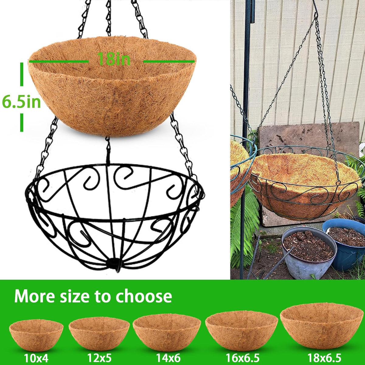 4 Pcs of 18-Inch Hanging Basket Coco Liners Replacement - Natural Round Coconut Fiber Planter Basket Liners for Hanging Basket Flowers
