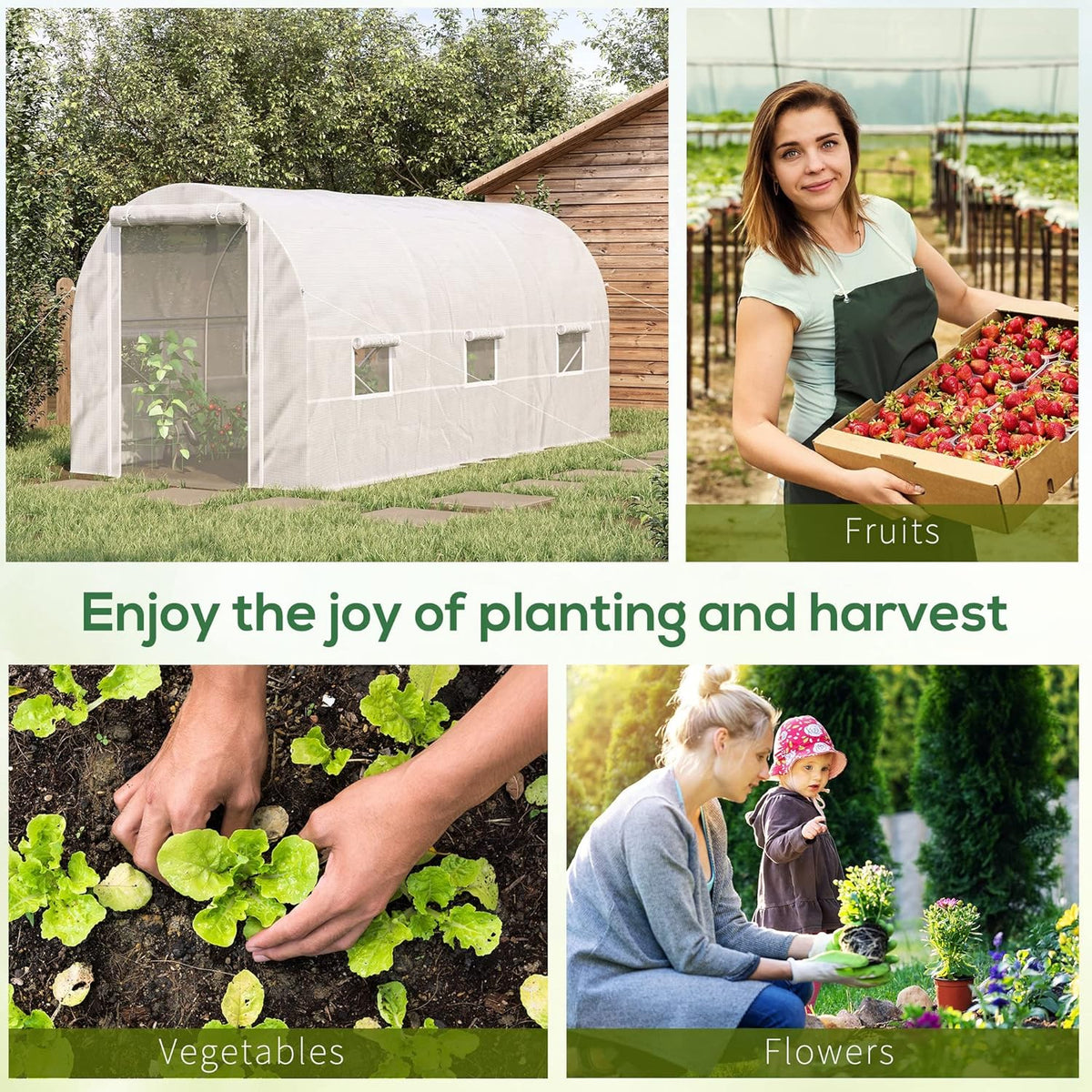 Outsunny 15' x 7' x 7' Walk-in Tunnel Greenhouse, Large Heavy Duty Garden Hot Green House Kit with 6 Roll-up Windows & Roll Up Door, Steel Frame for Garden Plants, White