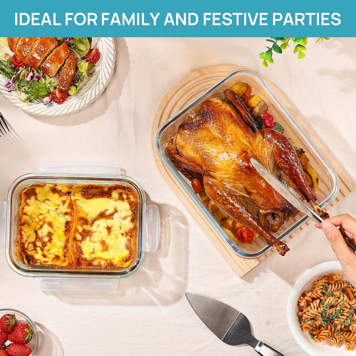 Vtopmart 122oz+50oz Large Glass Food Storage Containers with Airtight Lids, Big Glass Containers for Roasting Chicken, Baking Casseroles, Food Storage, Meal Prep, Fruits, Thanksgiving Meals, BPA-Free