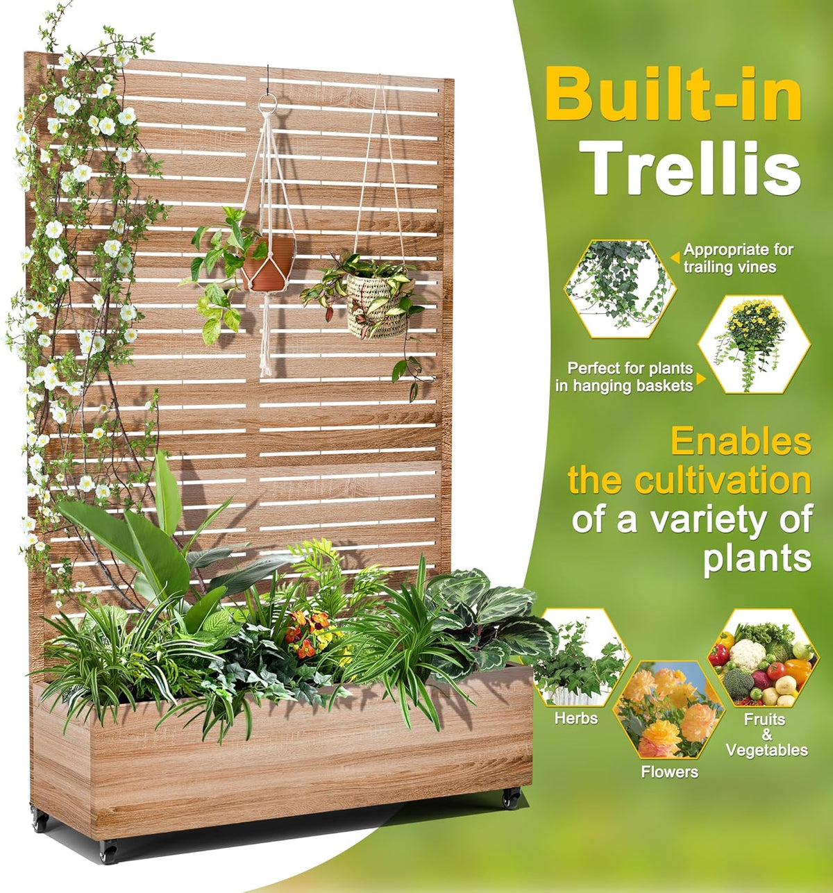 FENCY Metal Raised Garden Bed with Wheels and Trellis,73"x47"x16" Planter Box for Climbing Plants, Vegetables & Vines, Features Privacy Screen and Drainage Holes (Natural Wood Color)