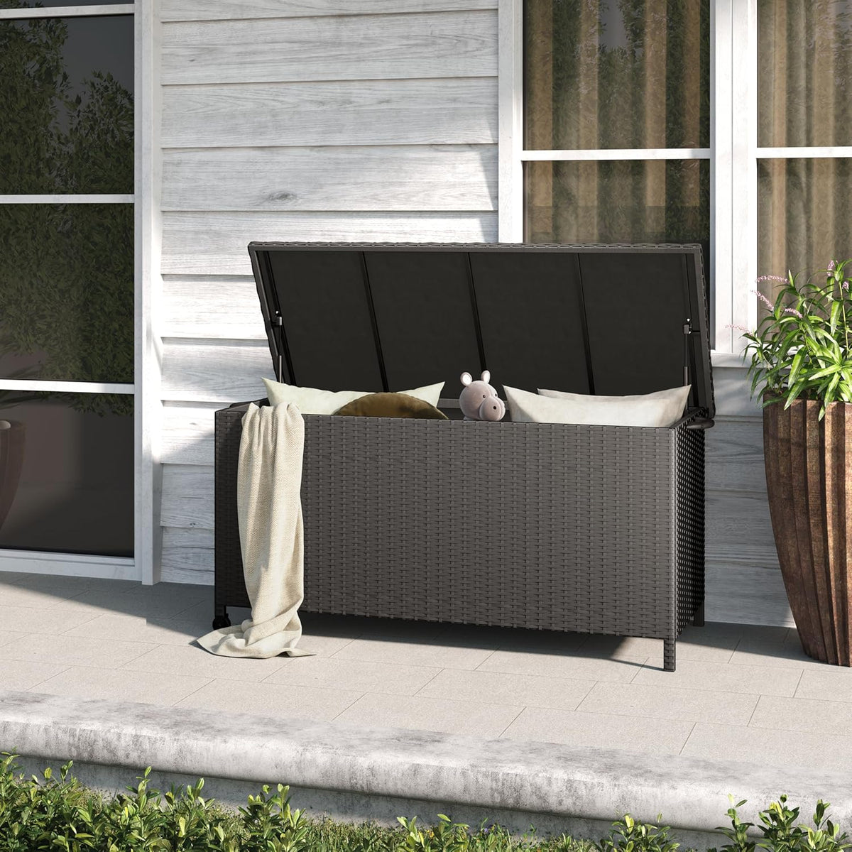 Grand patio 108 Gallon Deck Storage Box Indoor Outdoor Wicker Bin for Patio Furniture Cushions Garden Tools Pool Accessories, Black