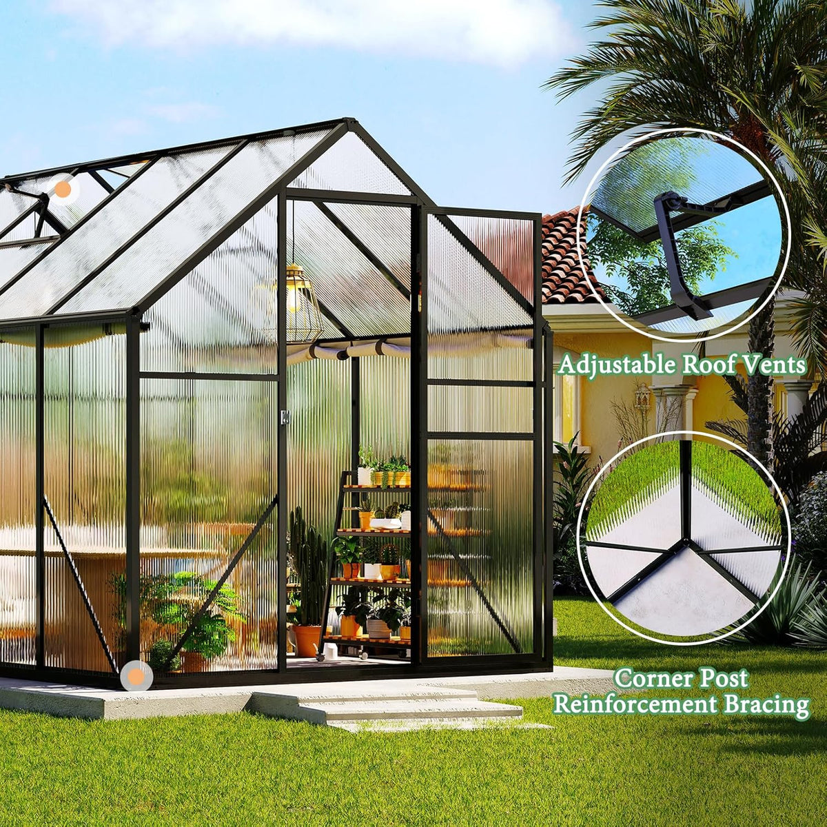 Amerlife 6x10x6.3 FT Ft Polycarbonate Greenhouse for Outdoors, Walk-in Design with Aluminum Frame, 2 Windows and Swing Door, Heavy-Duty Greenhouse Construction for Garden, Black