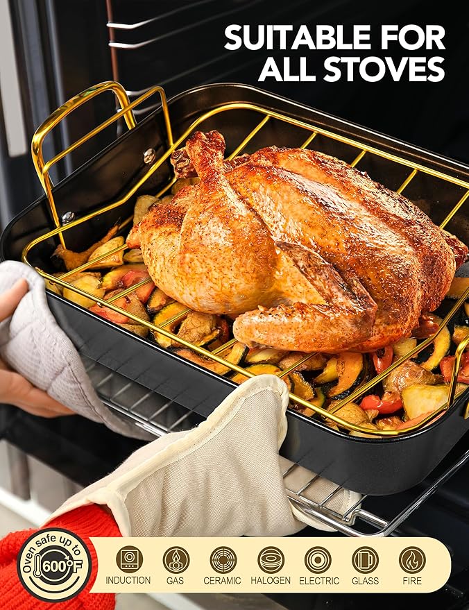 MICHELANGELO Roasting Pan with Rack, Carbon Steel Turkey Roasting Pan for Oven and Induction, Nonstick Turkey Roaster Pan with Stainless Steel Golden Rack & Golden Handle, 15 Inch x 11 Inch