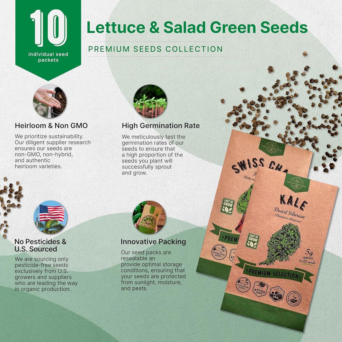 Organo Republic 10 Lettuce & Salad Greens Seeds Variety Pack 13000+ Non-GMO Heirloom Lettuce Seeds for Planting Indoors & Outdoors Garden, Hydroponics - Arugula, Radicchio, Kale, Spinach, Swiss Chard